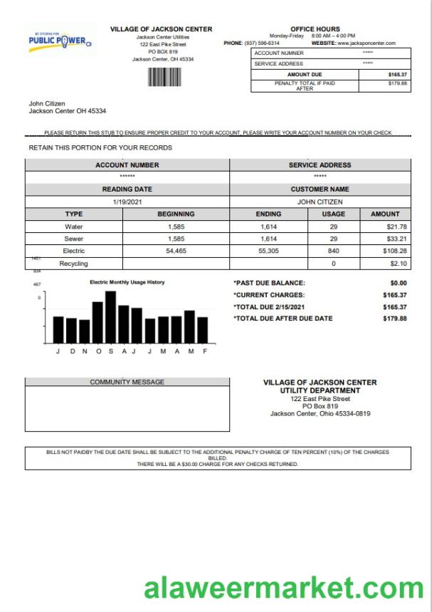 USA Ohio Village of Jackson Center Public Power utility bill template in Word and PDF format